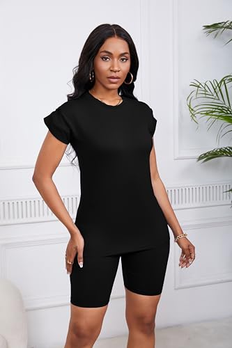 PINSV Women 2 Piece Outfits Summer Sweatsuits Biker Short Workout Jogger Sets2