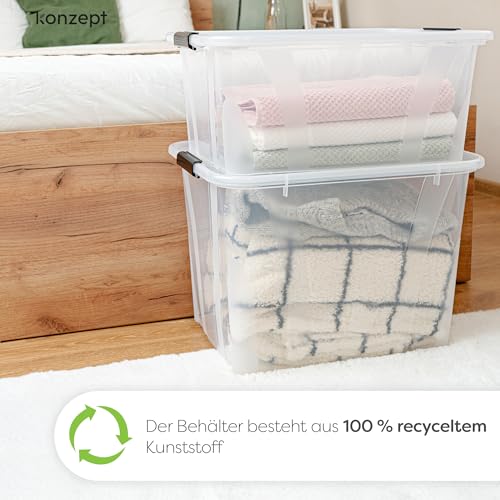 KONZEPT Aufbewahrungsbox 55 L mit Deckel – transparente Kunststoffbox, stapelbar, BPA-frei, verstärkter Boden, robuste Verschlussclips – ideal für Küche & Haushalt
