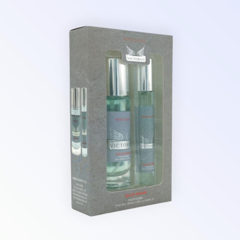 Estuche de perfume masculino 'Victorius' 37 ml + 20 ml – Reyes Queens – Fragancia fresca y especiada con notas de pomelo, menta, mandarina roja, canela, rosa, maderas blancas, pachulí y ámbar