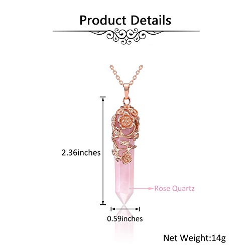Jovivi Flower Wrapped Natural Rose Quartz Healing Crystal Necklace Hexagonal Prism Pointed Gemstone Pendant Pendulum Necklace Yoga Energy Reiki Quartz Jewelry For Women Girls #TOP4