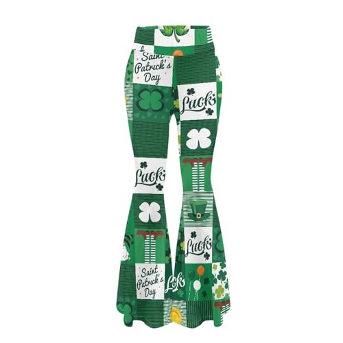 Amzbeauty St. Patrick's Day Plaid Print Petite Flare Pants for Women Ladies Teen Girls Long Pants Trousers Bell Bottom