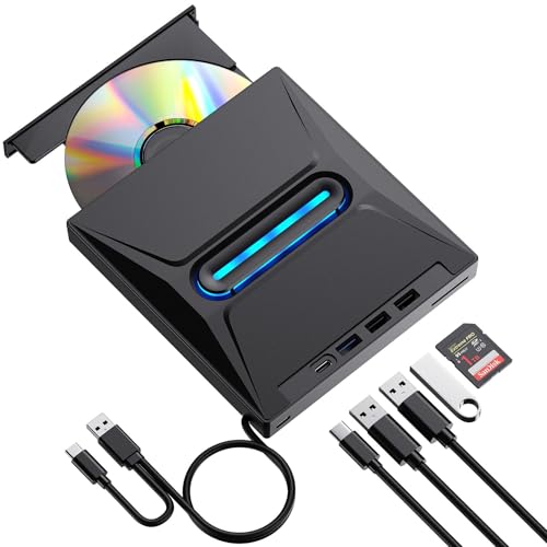 Unidad externa de CD y DVD con 4 puertos USB y 2 puertos tipo C y 1 ranura para tarjeta TF/SD, reproductor de CD portátil USB 3.0, grabadora de lector de discos para laptop, MacBook, computadora de