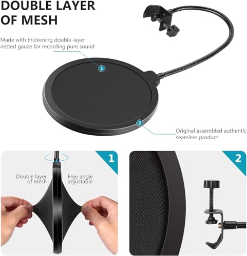 Image of Professional Microphone Pop Filter Pop Filter Mesh for Blue Yeti Dual Layered Wind Pop Screen With A Flexible 360 Degree Gooseneck Mic Pop Blocker Mask Shield Screen with Flexible