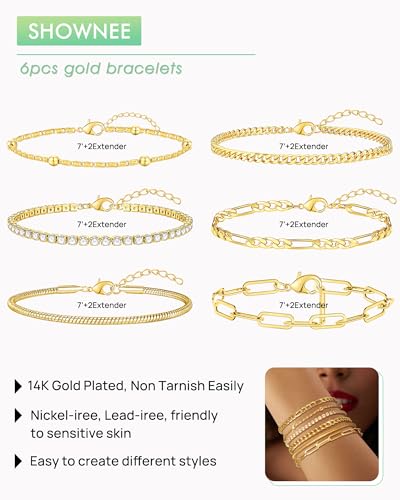 shownee Gold Chain Bracelets Set for Women - 14K Gold Plated Dainty Cuban Link Bracelet Stack Non Tarnish Figaro Herringbone Paperclip Beaded Bracelet Pack Jewelry Gifts for Women Graduation Gift for Her Mothers Day Gifts for Mom — view 6