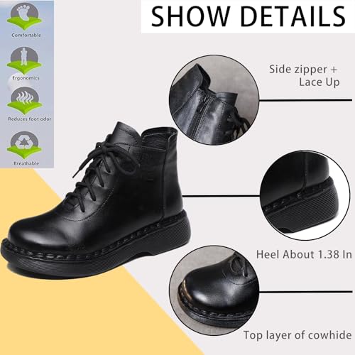 Women's Genuine Leather Lace Up Side Zipper Ankle Boots Retro Round Wide Toe Comfort Wear Resistant Platform Chunky Heel Adds Height Fashion Combat Short Boots2