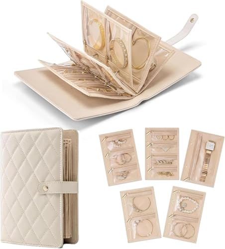 Presentes de professores para mulheres, organizador de joias de viagem estojo de couro PU caixa organizadora com zíper transparente bolsa de joias (branca)