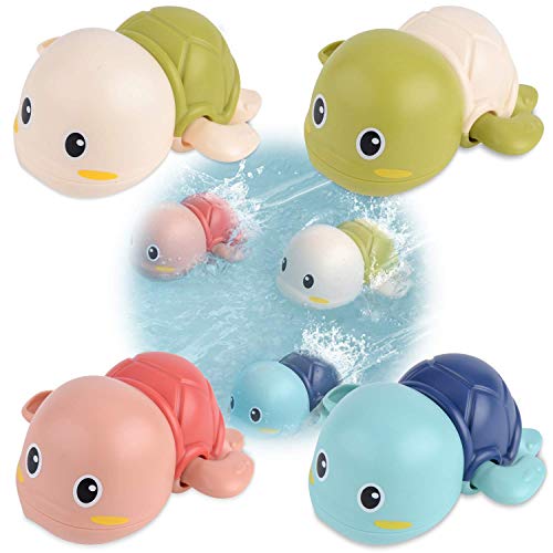 Auebriy 4 Pcs Bath Toys + 1 Organizer, Wind-up Swimming Turtle Baby Bath Toys for Toddlers 1-3 3-4 Years 6 to 12 Months, Swim Pool Bath Toys for Kids 1Year Old Boy Girl Birthday Christmas