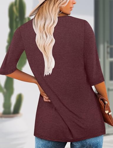 KISSMODA Tunic Tops for Women Loose Fit Dressy Round Neck Pleated 3/4 Length Sleeve Spring Tops