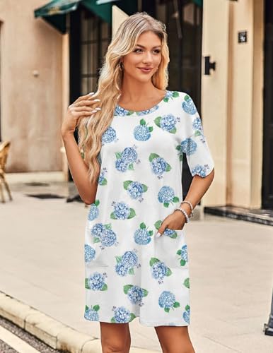 Image of Ekouaer Sleep Shirts for Women Nightgown Short Sleeves T shirt Night Dress Round Neck Womans Nightgown with Pocket S-XXL