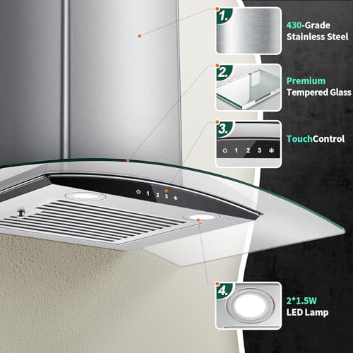 Image of Tieasy Range Hood 30 Inch, 450 CFM Wall Mount Kitchen Hood with Ducted /Ductless Convertible Stainless Steel Filter Range Hoods 3-Speed Touch Control LED Lights