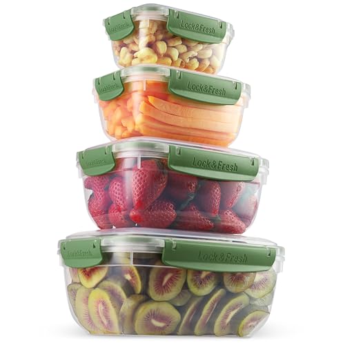 Image of Superio Plastic Airtight Food Storage Containers, Set of 4 Sealed Clear Container Bowls with Lids, BPA Free, Rectangular, Green