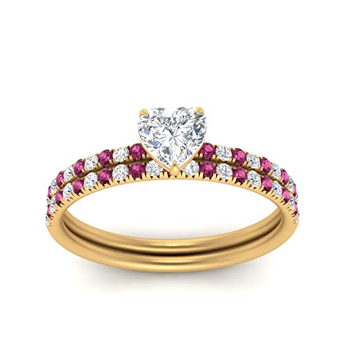 Image of Choose Your Gemstone Pave Petite Ring with Matching Wedding Band Yellow Gold Plated Heart Shape Wedding Ring Sets Minimal Modern Design Birthday Gift Wedding Gift US Size 4 to 12