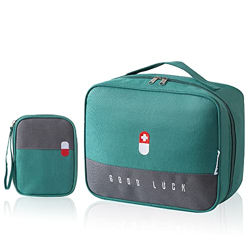 2 Size Empty First Aid Bags with Small Medical Pouch, Insulated Survival Medicine Bag, Portable Medication Travel Carrying Case with Handle for Car Home Camping Office Workplace (Green)