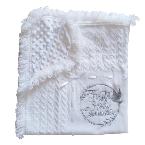 Image of Baby Blanket White Baptism Gifts for Girl Boys First Communion Christening Christian Gifts for Kids White Soft Crochet Knitted Towel