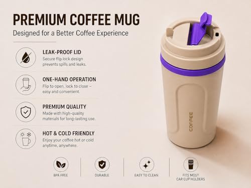 Image of Kitchivo Multipurpose Insulated Travel Mug - 350ml | Double Wall Stainless Steel Flask for Coffee, Tea & Milk | 100% Leak-Proof | Keeps Hot & Cold for Hours | Car Friendly (Soft Beige)