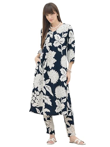 Image of INDO ERA Women's White Pure Cotton Printed Straight Kurta & Pant Set (KS0WH6702)