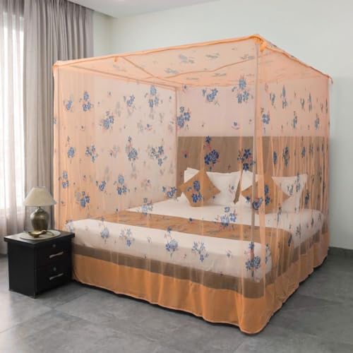 Image of Mosquito Net for King Size Bed - Foldable Square Mosquito Net Double Bed | Mosquito Net for Queen Size Bed | Mosquitoes Net for Sukun Wali Neend (6.5ft x 6.5ft, White) (Orange)