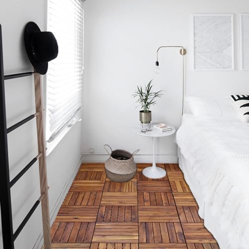 Image of Acacia Wooden Deck Tiles Wood Floor Decking Water Resistant Tile for Balcony, Terrace, Garden | Quick Flooring Solution for Indoor /Outdoor (Dark Brown - Pack of 6)