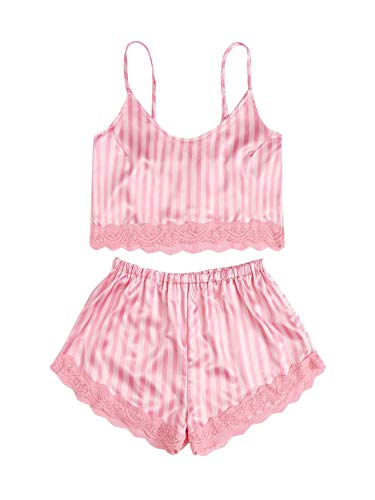SweatyRocks Women s Satin Lace Spaghetti Strap Sleepwear Cami Top and Shorts Pajama Set Pink L