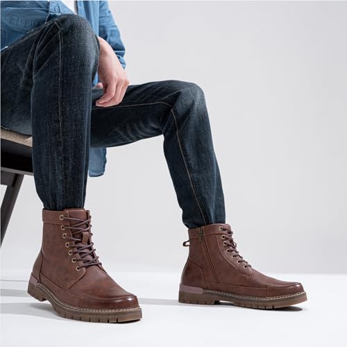 Image of Jousen Men's Motorcycle Combat Dress Boots with Zipper | Comfortable Casual Chukka Work Biker Riding Boots Wide Lace-up PU Leather Fashion Round Toe