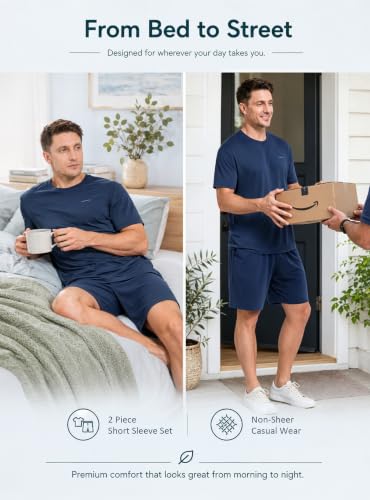 Image of SlumberMee Mens Cooling Pajamas Set Soft Bamboo-like Viscose Short Sleeve Sleepwear 2 Piece Lounge Set for Hot Sleepers