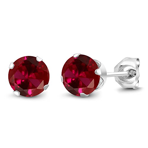Gem Stone King Red Created Ruby 925 Sterling Silver Stud Earrings For Women (2.00 Cttw, 6MM Round Cut)