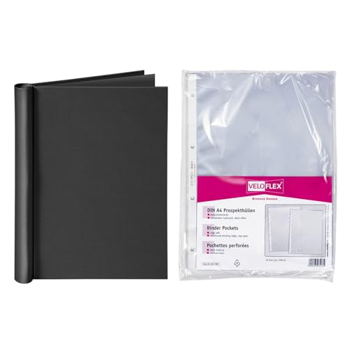 Classeur à pince A4 VELOFLEX noir avec 10 pochettes transparentes pour 150 feuilles