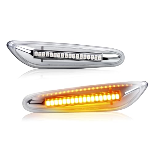D-Lumina Chrome LED Side Marker Turn Signal Lights Assembly for BMW E90 E91 E92 E93 E46 E53 E60 E61 X3 E83 X1 E84 E81 E82 E87 E88 Side Marker Light, Clear Lens Amber Side Marker Lamp, Pack of 2