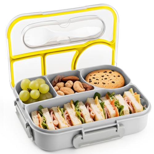 Image of EASYFUN Bento Box Adult, Lunch Box, 4-Compartment Lunch Containers, Drop-Proof, Dishwasher Safe & Made with BPA-Free Materials (Grey)