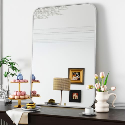 Koonmi Badspiegel mit runden Ecken 61 x 91 cm, Alurahmen, Silber – Ansicht 7