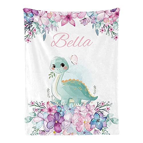 Floral Watercolor Baby Dinosaur Baby Blanket with Name Custom Personalized Super Soft Nursery Fleece Throw Blankets for Newborns Baby Shower Girls Kids Birthday Gift 30 X 40 inch
