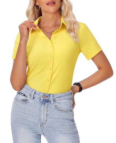 Image of siliteelon Womens Button Down Shirt Slim Fit Stretch Short Sleeve Dress Shirt Wrinkle Free Collared Business Work Blouse Top