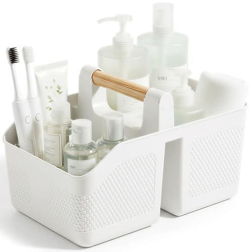 rejomiik Shower Caddy Portable with Bamboo Handle Plastic Basket Cleaning Caddy Organizer Storage Tote for Bathroom College Dorm Room Essentials White