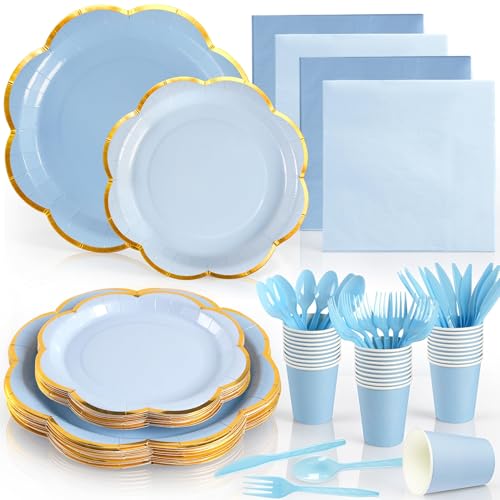 168Pcs Blue Paper Plates and Napkins Party Supplies Scalloped Party Plates Cups Napkins Set Light Blue Disposable Plates with Gold Rim for Graduation Party Birthday Baby Shower Gender Reveal Picnic