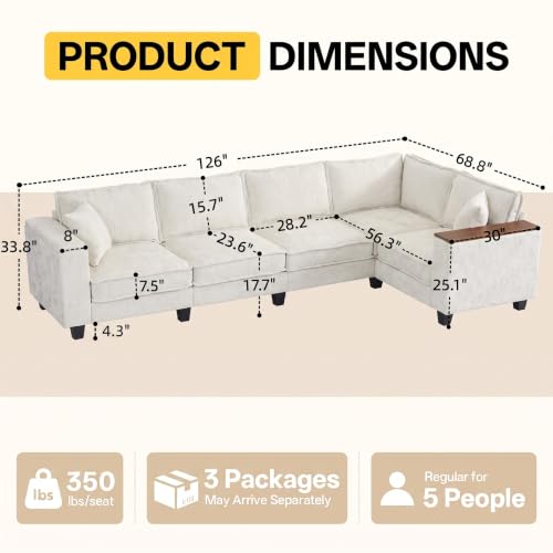 Image of 126 inch 5 Seat L-Shaped Sectional Couch,Modern Comfy Chenille Corner Sofa,Modular Convertible V-Shaped Couch,Convertible Sofa with Storage Armrests & 2 Pillows,Sectional Couches for Living Room,Beige