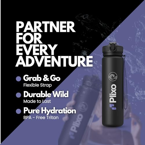 Plixo-32-Oz-Water-Bottle-with-2-Lids-Silicone-Straw-Lid-Fast-Flow-Lid-with-Fruit-Infuser-Leak-Proof-Durable-Strong-Strap-BPA-Free-Tritan-Time-Markers-Made-for-Every-Lifestyle