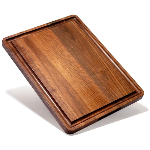 ROSSIE HOME Tabla de cortar de madera, resistente, preengrasada, reversible, con ranura para jugos, pozos divididos y asas de transporte para cocina, nogal negro, 17 x 13 pulgadas