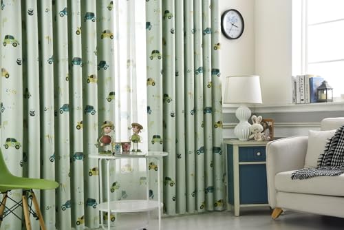 Amidoudou 2er-Set Vorhänge Auto Kinderzimmer,Vorhänge Kinderzimmer Junge,Vorhänge für Kleine Fenster (Grün,230 x 140 cm)