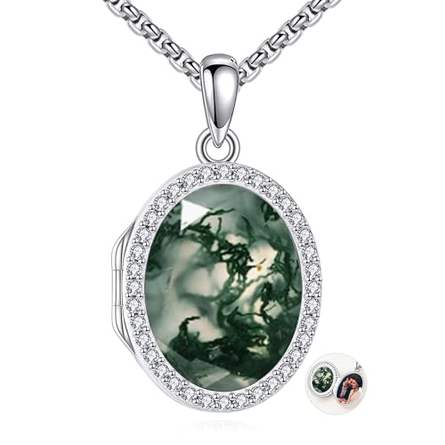 Locket Necklace Sterling Silver Turquoise/Opal/Moss Agate/Moonstone/Black Onyx Locket Photo Necklace Turquoise Jewelry Memorial Gifts for Women Mom Wife