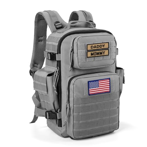 SHARKMOUTH Dad Diaper Bag for Men – Military Baby Backpack with Patches for Hiking Travel Camping Trips – Baby Shower Gifts, Gray