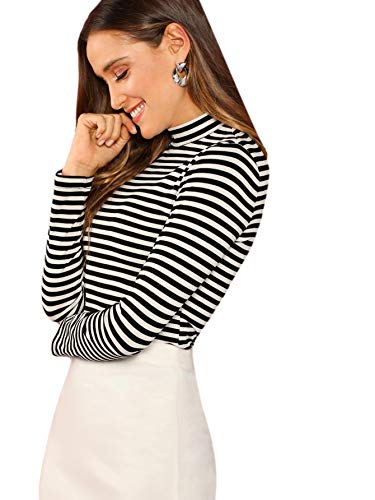 Floerns Women's High Neck Long Sleeve Slim Fit Stretch Striped T-Shirts Black and White, M