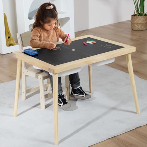Sensory Table with 3 Storage Bins and Wooden Chair, Toddler Table Indoor for Kids