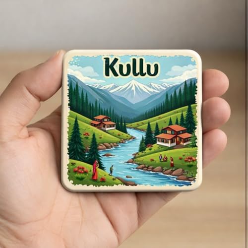 Image of Naxon Kullu Theme Souvenir Wooden Fridge Magnet | Valley of Gods Scenic Landscape Design 3x3 Inch Refrigerator Magnet for Kitchen & Home Decor | Travel Gift from Kullu | Pack of 1