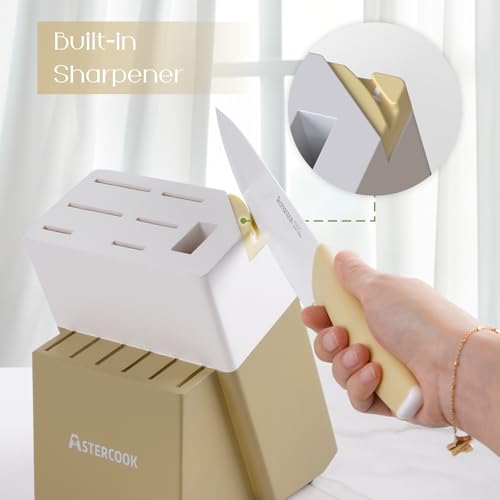 Image of Astercook Kitchen Knife Set with Block and Sharpener 15 Piece Knives Set German High Carbon Stainless Steel Knives Sharp Blade Dishwasher Safe Deba Knives with Ergonomic Handle