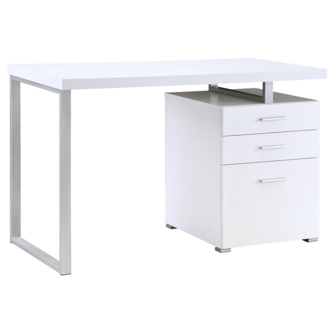 CARTESIAN Modern Reversible Computer Desk with 3 Drawers, 47.25W x 23.5D x 30H inches, White and Silver Metal Frame, File Cabinet Storage