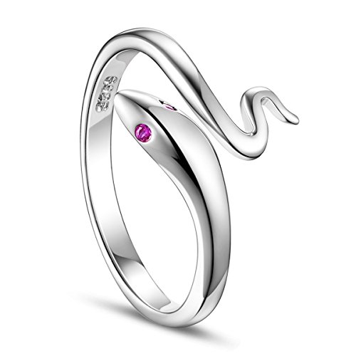 SWEETIEE Cuff Anillo de 925 Plata de esterlina, Serpiente con el Color de Malva, Plata, 15mm(Adjustable)