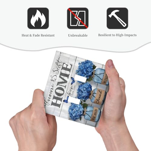Decorative Light Switch Cover Plate Blue Flower Bottles Wood Plank 2 Gang Wall Plate Oversized Double Toggle Two Switch Wall Cover Plate Dual Device Faceplate