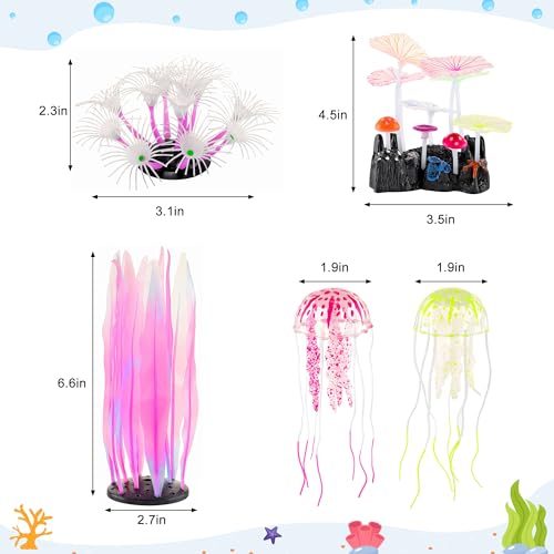 Filhome Glowing Fish Tank Decorations Plants, 5 pcs Glow Aquarium Decoration Plants Kit Glowing Sea Anemone Coral Ornaments