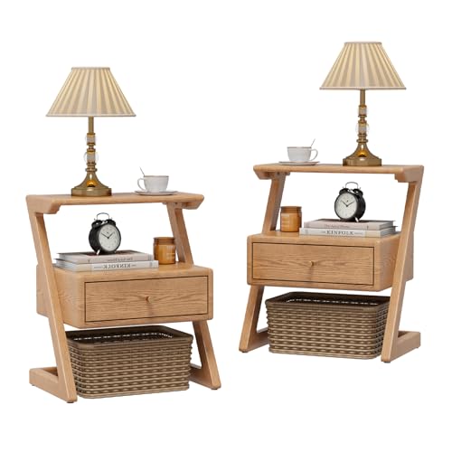 Image of Solid Wood nightstand Set of 2,Natural Wood nightstand Set of 2 with Drawer,Z Shape Wooden Night Stand with Open Storage,Bedside Tables for Bedroom, Modern Mid Century end Table
