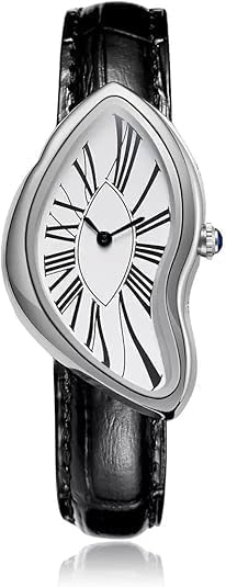PINTIME Reloj de cuarzo unisex con esfera irregular, escala de números romanos retro, reloj de pulsera de moda, correa de cuero negro, reloj de diseño de lujo, Plateado